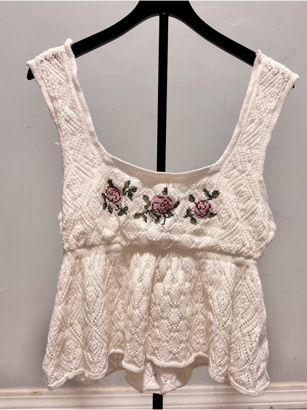 Pink Rose Cream Crochet Knit Top